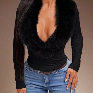 Black Sexy Women's faux fur Collar T-Shirt